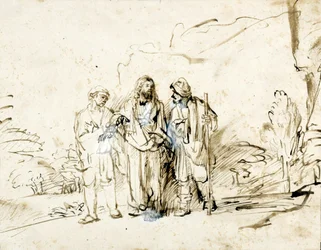 Christus mit zwei Jüngern auf dem Weg nach Emmaus.